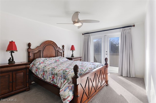 bedroom with access to exterior, ceiling fan, french doors, and light colored carpet