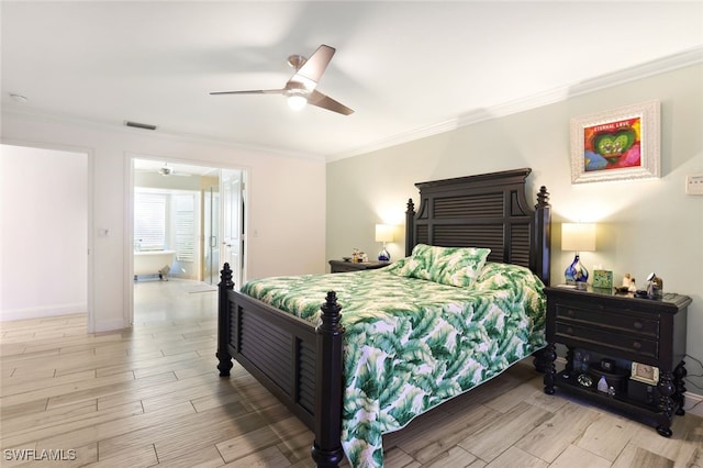 bedroom featuring ceiling fan and ornamental molding