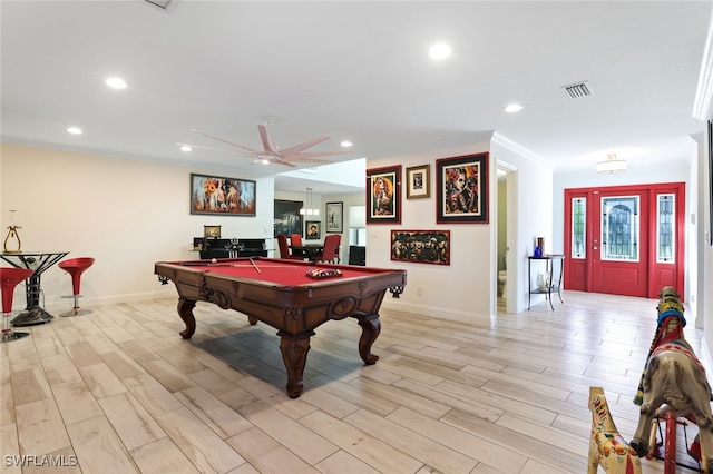 recreation room featuring ceiling fan, ornamental molding, light hardwood / wood-style floors, and pool table