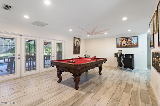 game room featuring ceiling fan, light hardwood / wood-style flooring, billiards, and french doors