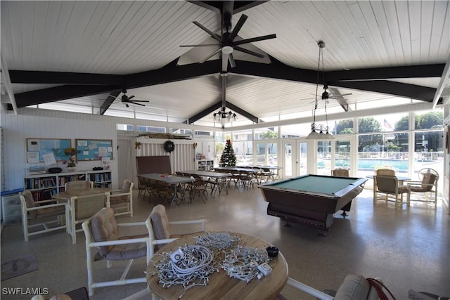 game room with ceiling fan, lofted ceiling with beams, and pool table