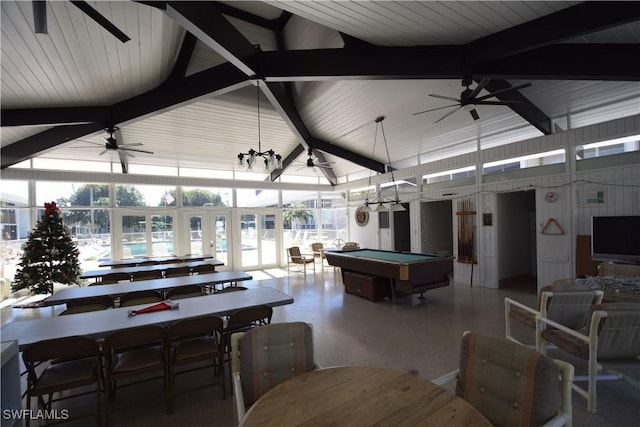 recreation room with beamed ceiling, a notable chandelier, high vaulted ceiling, and billiards