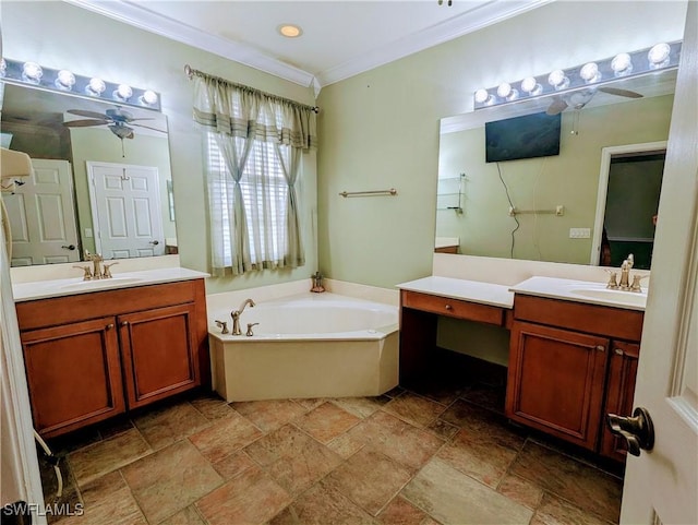 bathroom with a bathing tub, vanity, ceiling fan, and ornamental molding