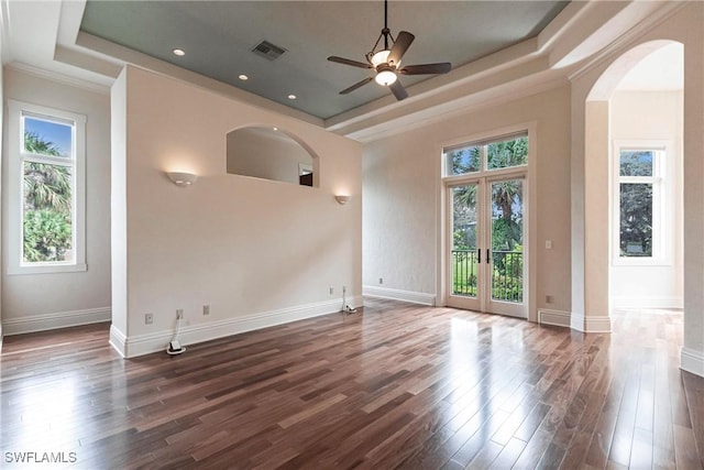 empty room featuring a raised ceiling, a wealth of natural light, and french doors