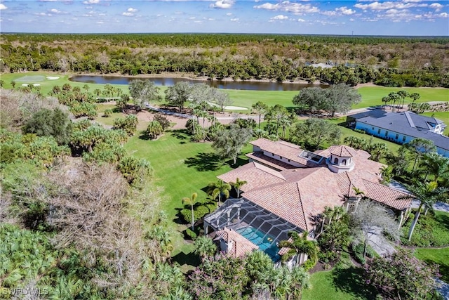 drone / aerial view with a water view