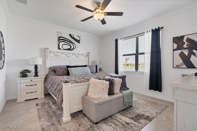 tiled bedroom with ceiling fan and crown molding