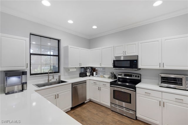 kitchen featuring white cabinetry, ornamental molding, stainless steel appliances, and sink