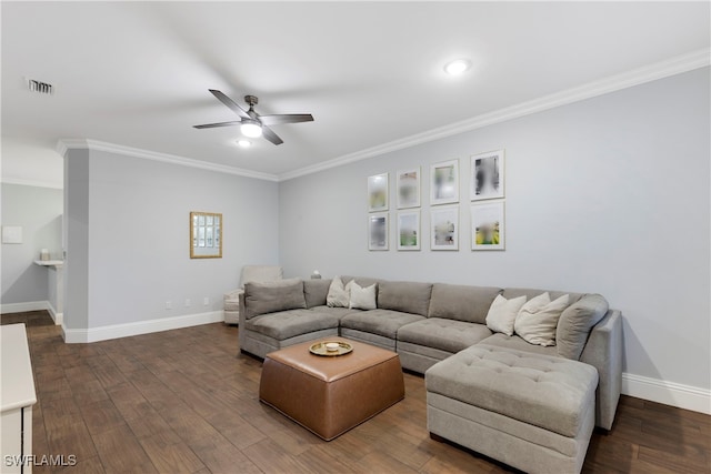 living room with ceiling fan, ornamental molding, and hardwood / wood-style floors