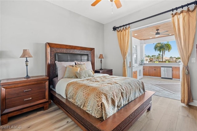 bedroom with light wood-type flooring and ceiling fan