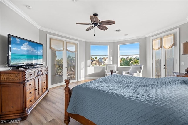 bedroom with access to outside, ceiling fan, french doors, and light wood-type flooring