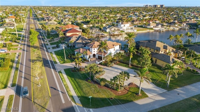 drone / aerial view featuring a water view