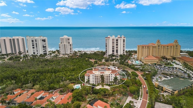 aerial view featuring a water view