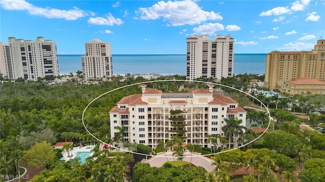 aerial view featuring a water view