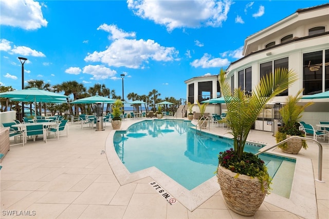 view of swimming pool featuring a patio area