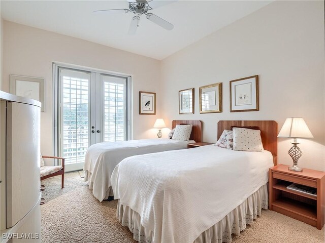 bedroom with ceiling fan, access to exterior, light colored carpet, and french doors