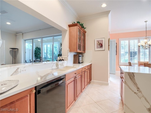 23790 Merano Ct Unit 202, Estero, FL 34134 - kitchen featuring dishwashing machine, crown molding, healthy amount of natural light, brown cabinetry, and glass insert cabinets