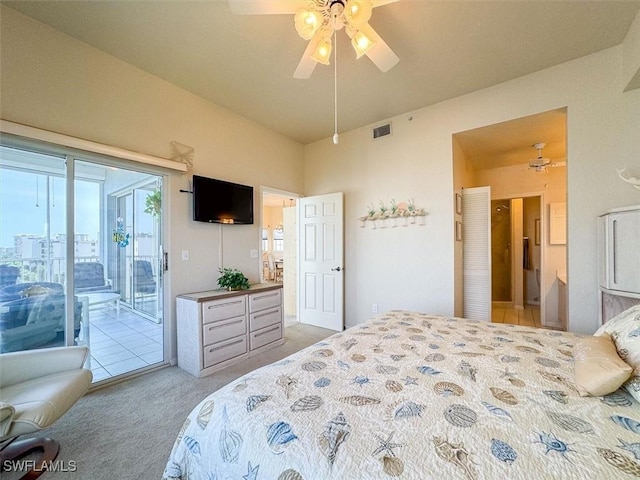 carpeted bedroom featuring access to outside and ceiling fan