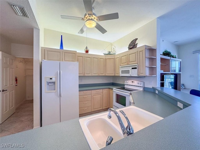 kitchen featuring ceiling fan, light brown cabinets, white appliances, and light tile patterned floors