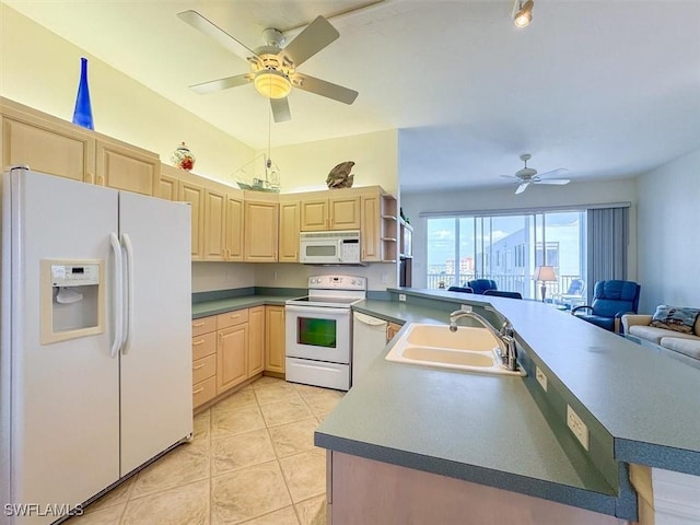 kitchen with white appliances, ceiling fan, sink, light brown cabinets, and light tile patterned floors