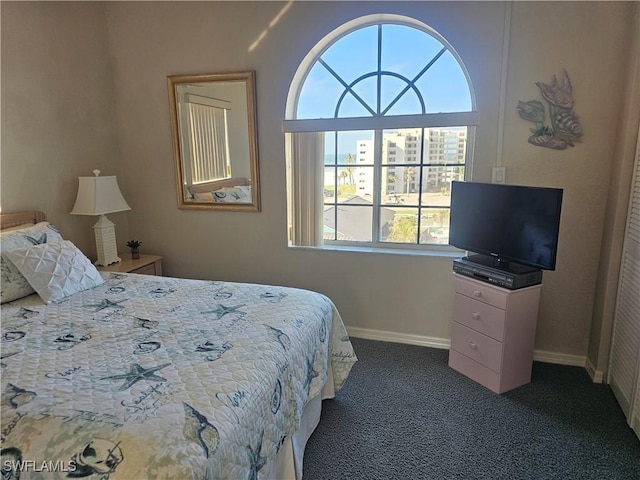 bedroom with dark colored carpet