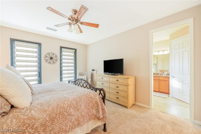 9067 Capistrano St N Unit 4502, Naples, FL 34113 - carpeted bedroom with ceiling fan, ornamental molding, and connected bathroom