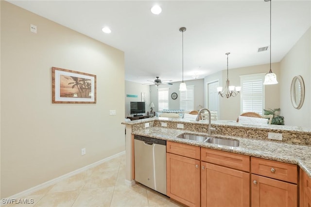 9067 Capistrano St N Unit 4502, Naples, FL 34113 - kitchen with dishwasher, ceiling fan with notable chandelier, light stone countertops, and sink