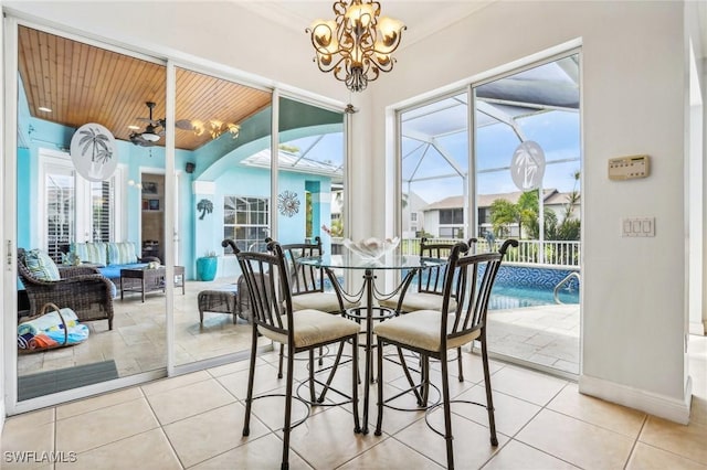 dining area featuring tile patterned floors, a wealth of natural light, and wood ceiling