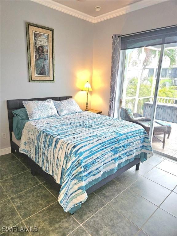 bedroom with dark tile patterned flooring, access to exterior, and crown molding