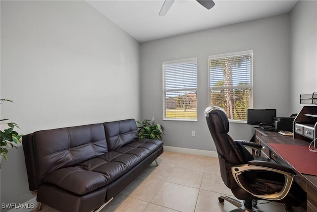 tiled office space with ceiling fan