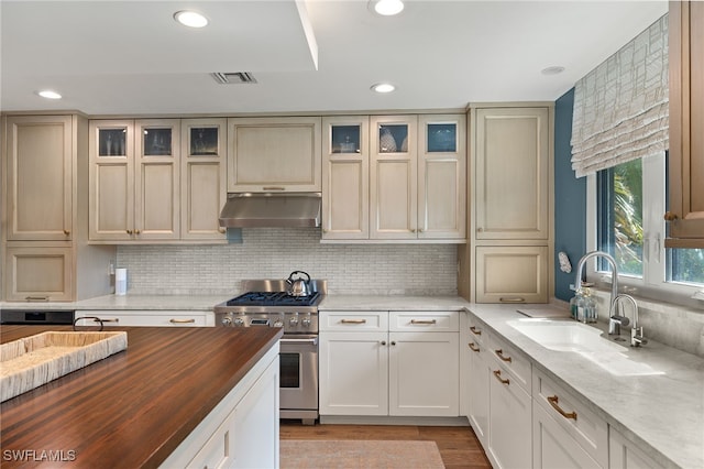 kitchen with sink, decorative backsplash, light wood-type flooring, stainless steel range, and butcher block counters