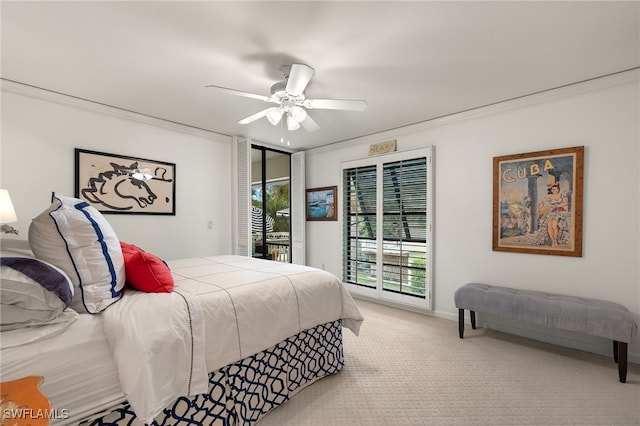 bedroom featuring access to exterior, ceiling fan, crown molding, and light carpet