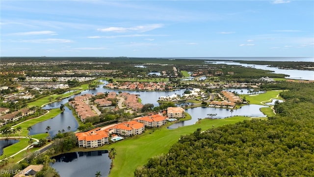 bird's eye view with a water view