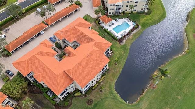 drone / aerial view featuring a water view