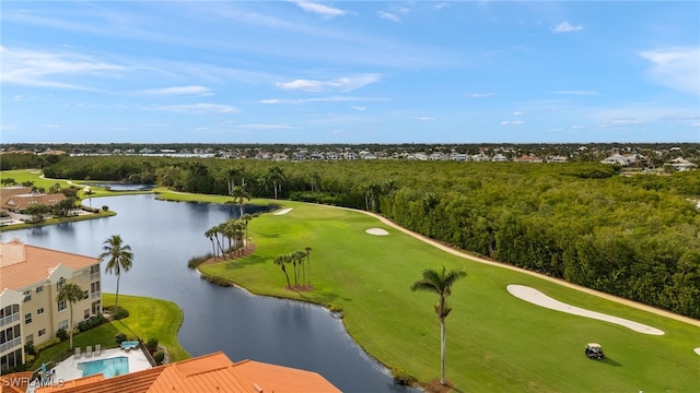 bird's eye view featuring view of golf course and a water view