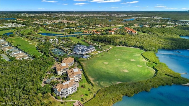 aerial view with a water view and golf course view