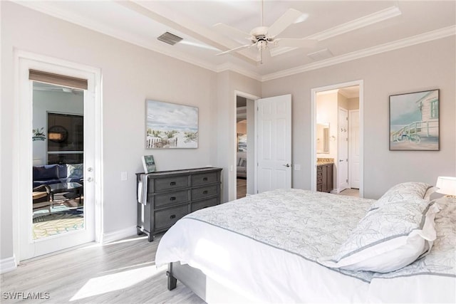 bedroom featuring ceiling fan, light hardwood / wood-style floors, ornamental molding, and ensuite bath