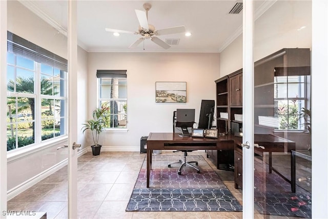 office area featuring crown molding, french doors, and a healthy amount of sunlight