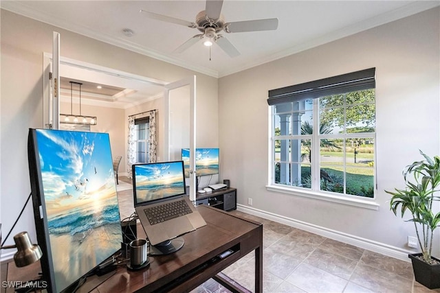 tiled office space with ceiling fan and ornamental molding