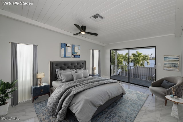 bedroom featuring ceiling fan, a water view, visible vents, marble finish floor, and access to outside