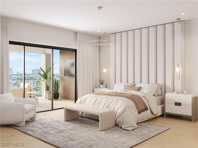 bedroom with recessed lighting, access to exterior, and wood finished floors