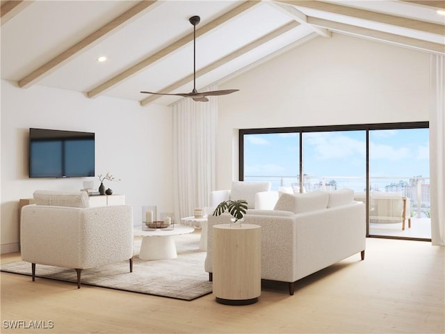 living area with high vaulted ceiling, beam ceiling, recessed lighting, and light wood finished floors