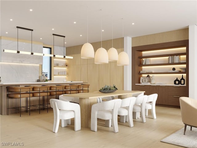 kitchen with modern cabinets, open shelves, and light countertops