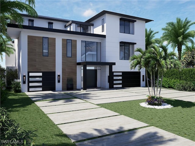 contemporary home featuring a front lawn, stucco siding, an attached garage, and concrete driveway