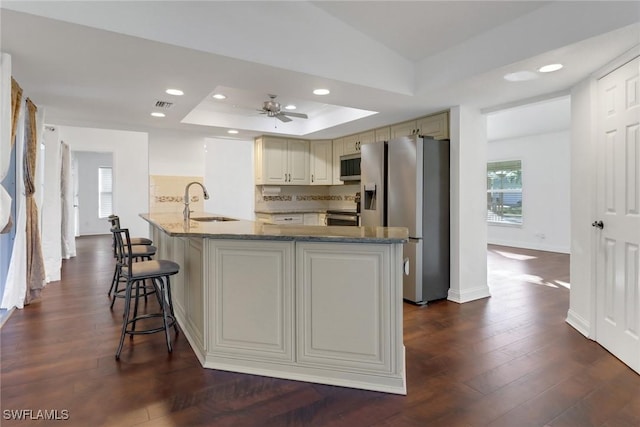 kitchen with a raised ceiling, sink, light stone countertops, appliances with stainless steel finishes, and dark hardwood / wood-style flooring