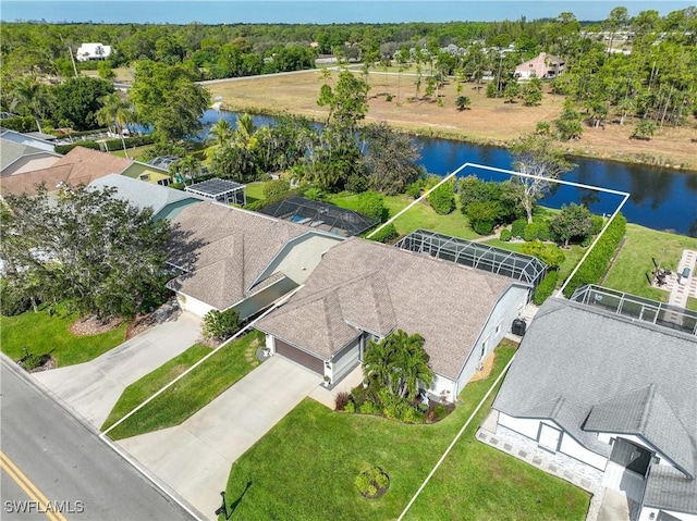 aerial view featuring a water view