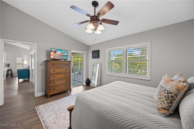 bedroom featuring access to exterior, ceiling fan, dark hardwood / wood-style floors, and lofted ceiling