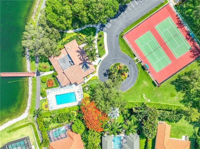 birds eye view of property featuring a water view