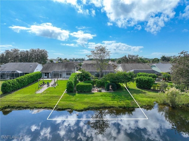 drone / aerial view featuring a water view