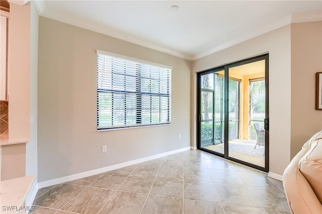 doorway to outside with light tile patterned floors and crown molding