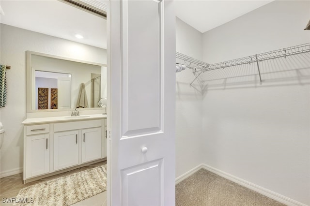 spacious closet featuring light carpet and sink